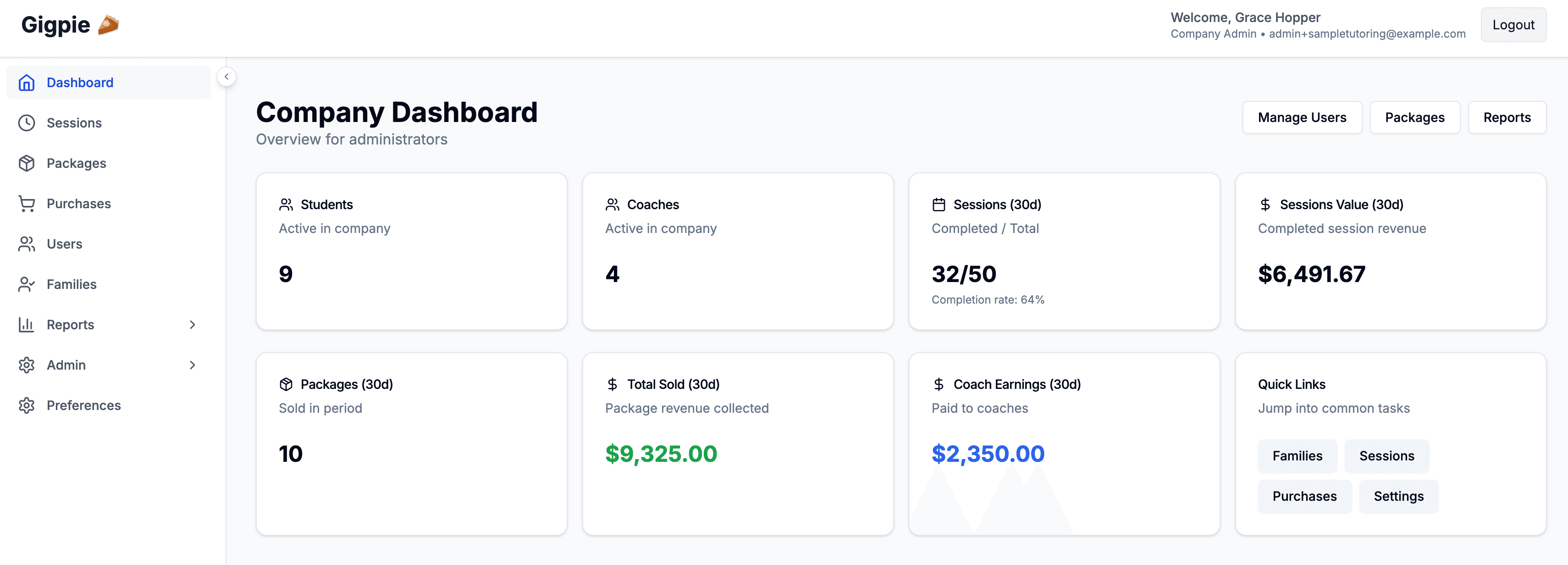 Gigpie admin dashboard preview