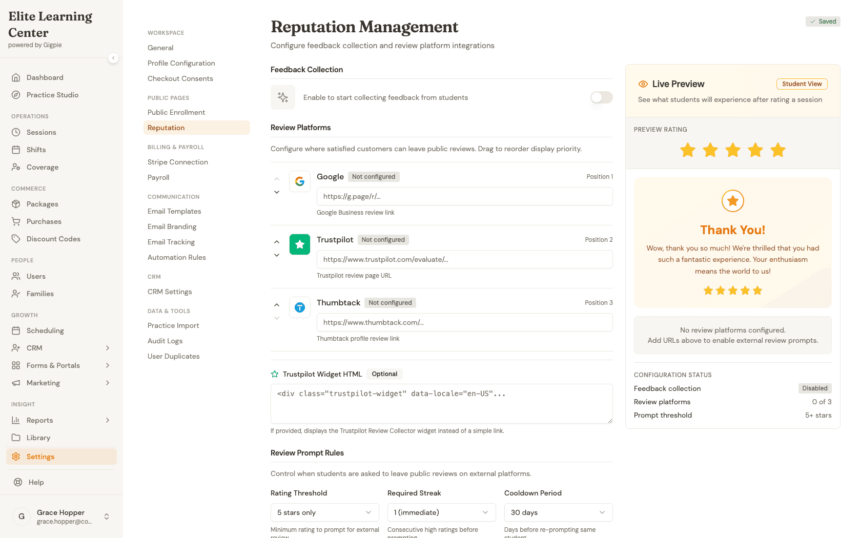 Reputation Management settings page with Feedback Collection toggle, three Review Platform cards (Google, Trustpilot, Thumbtack), Review Prompt Rules, and a Live Preview panel