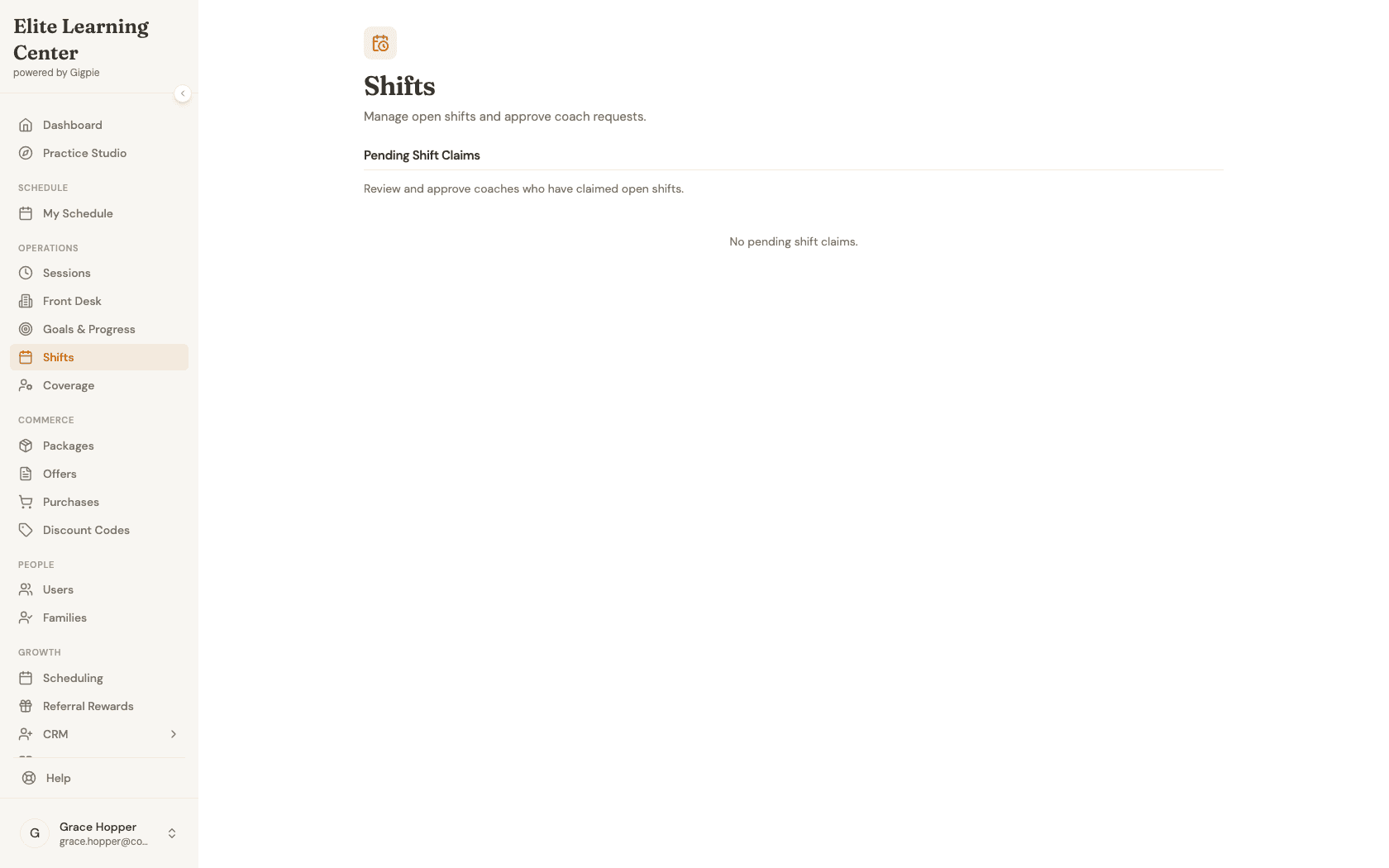Shifts page showing the Pending Shift Claims panel for reviewing and approving coach claims
