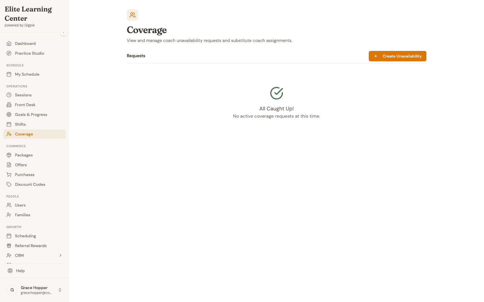 Coverage page listing coach unavailability requests with a Create Unavailability button