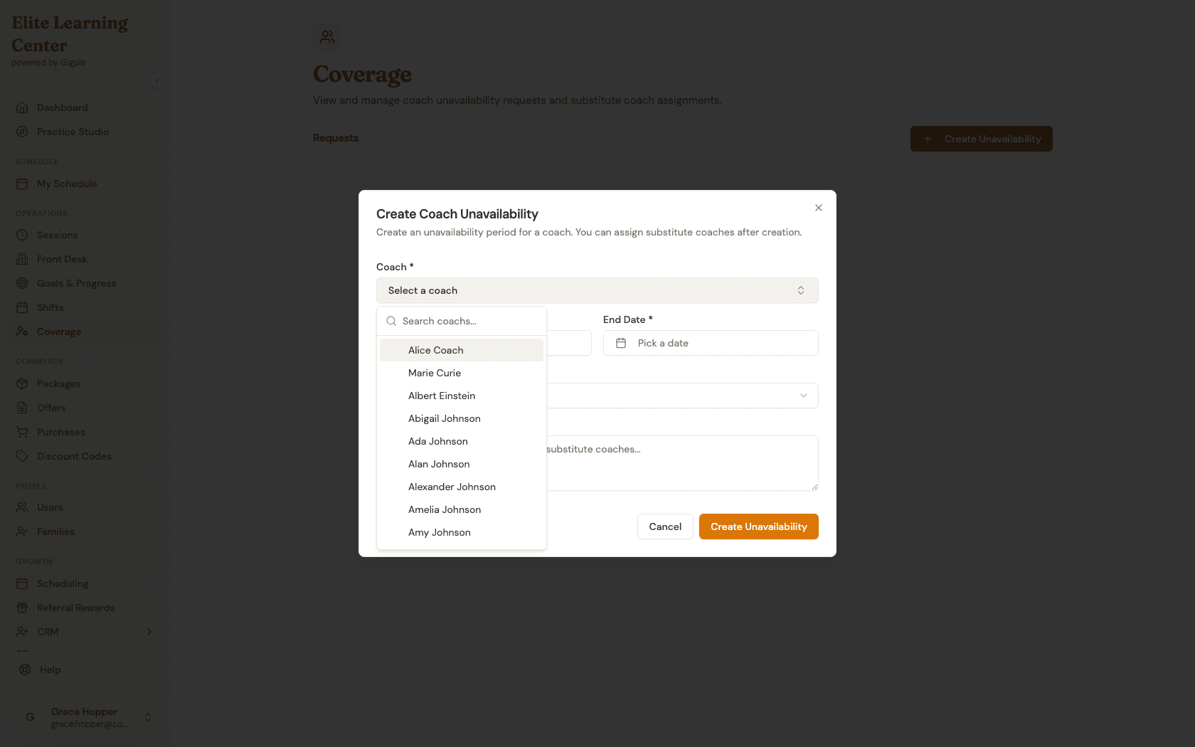 Create Coach Unavailability dialog with the coach picker open showing a real coach roster