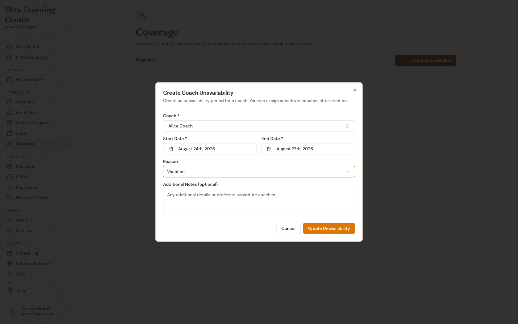 Create Coach Unavailability dialog filled in with a coach, start date, end date, and Vacation reason selected