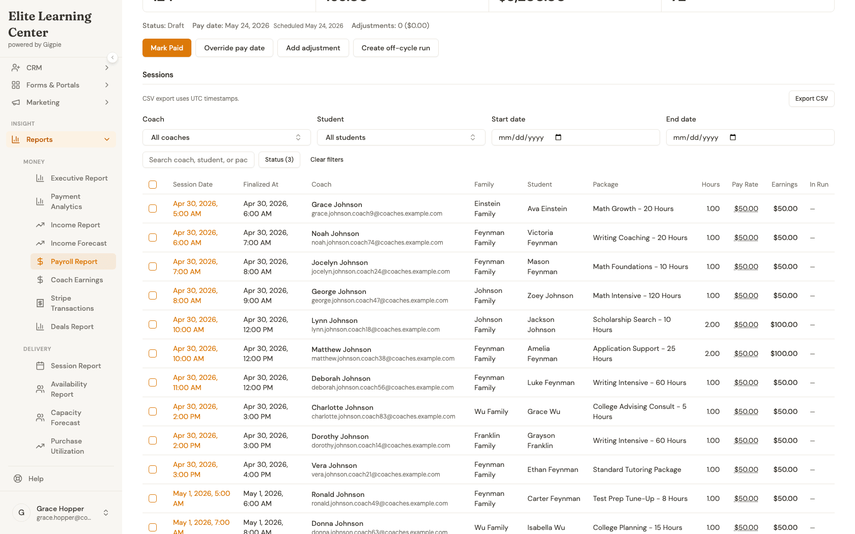 Sessions table listing individual payroll line items with coach, family, student, package, hours, pay rate, and earnings columns