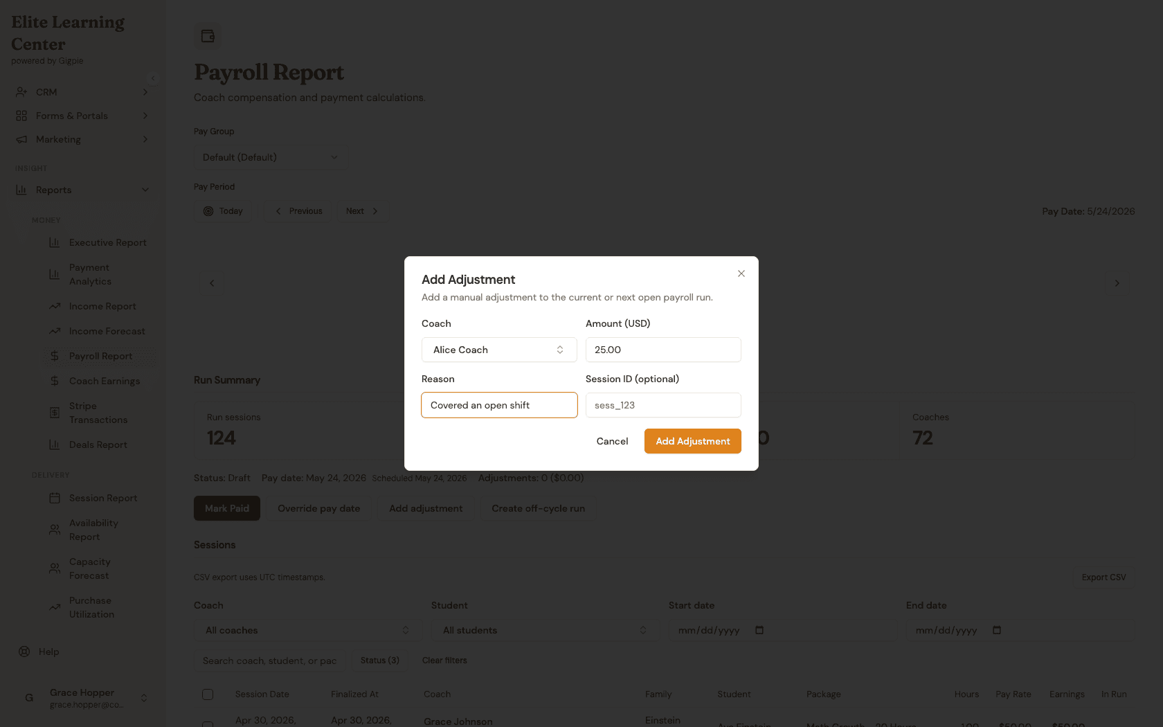 Add Adjustment dialog with a coach selected, amount and reason filled in, and the Add Adjustment button ready to submit