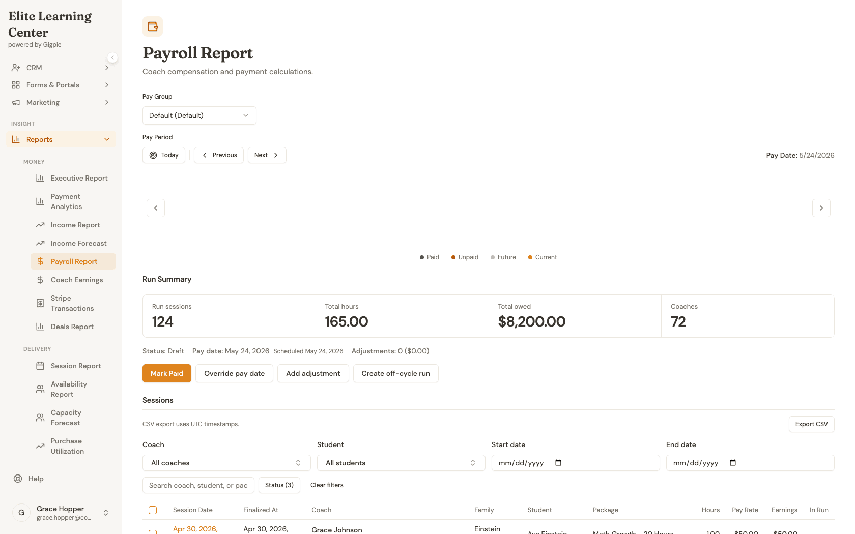 Payroll Report with the Mark Paid button ready to close out the Draft run