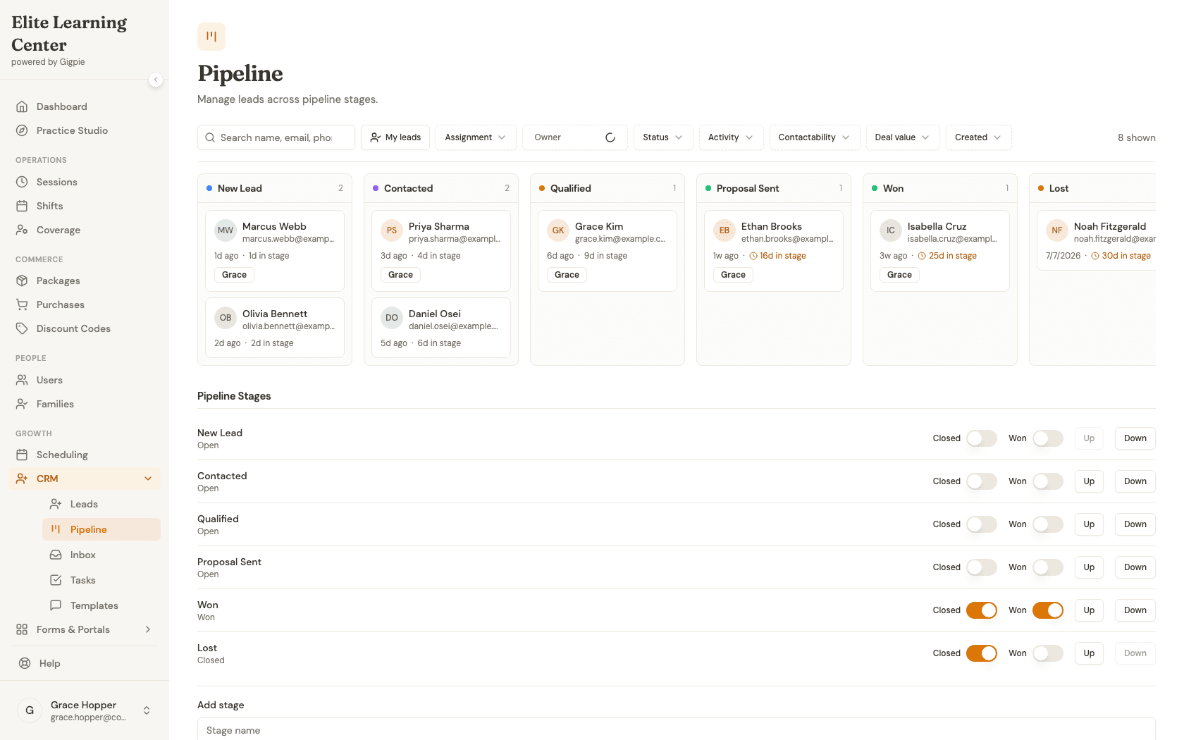 Pipeline Kanban board with leads grouped into New Lead, Contacted, Qualified, Proposal Sent, Won, and Lost columns