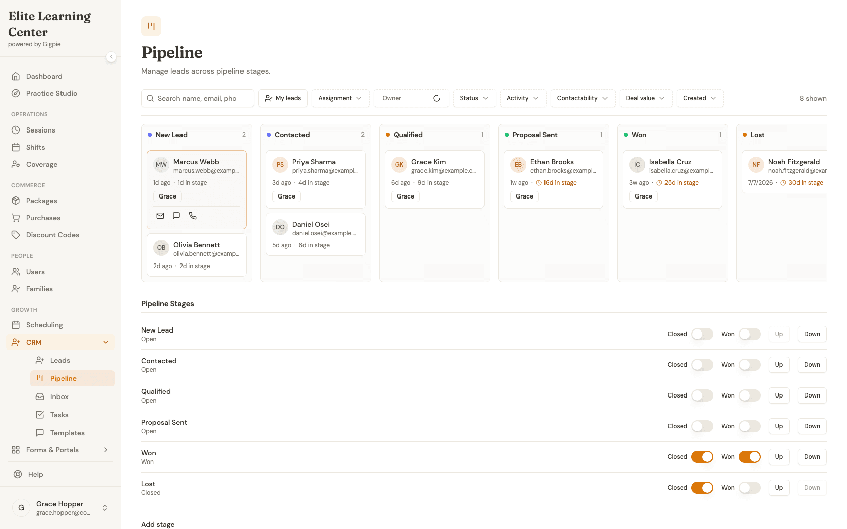A lead card on the Kanban board with quick-action email, SMS, and call icons revealed on hover