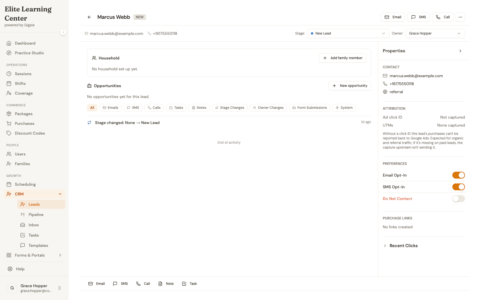 Lead detail page showing the unified activity stream and the Properties panel with contact and attribution details
