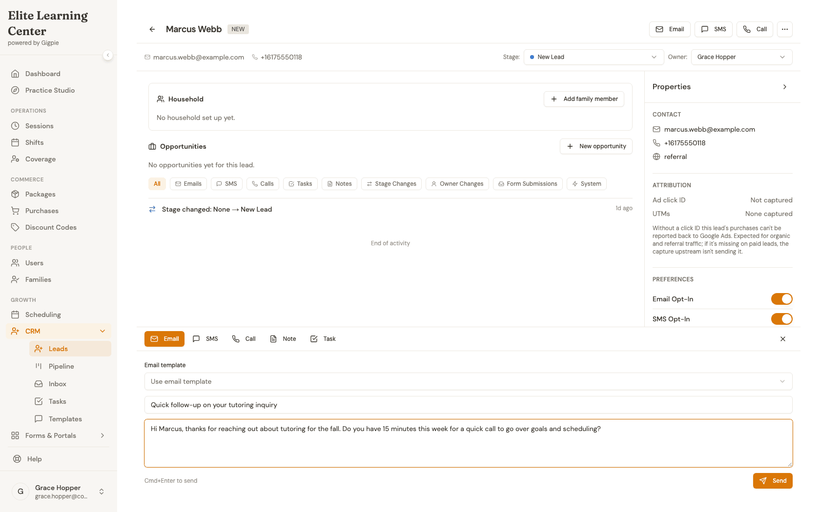 Compose bar open on the Email tab with a subject and message filled in