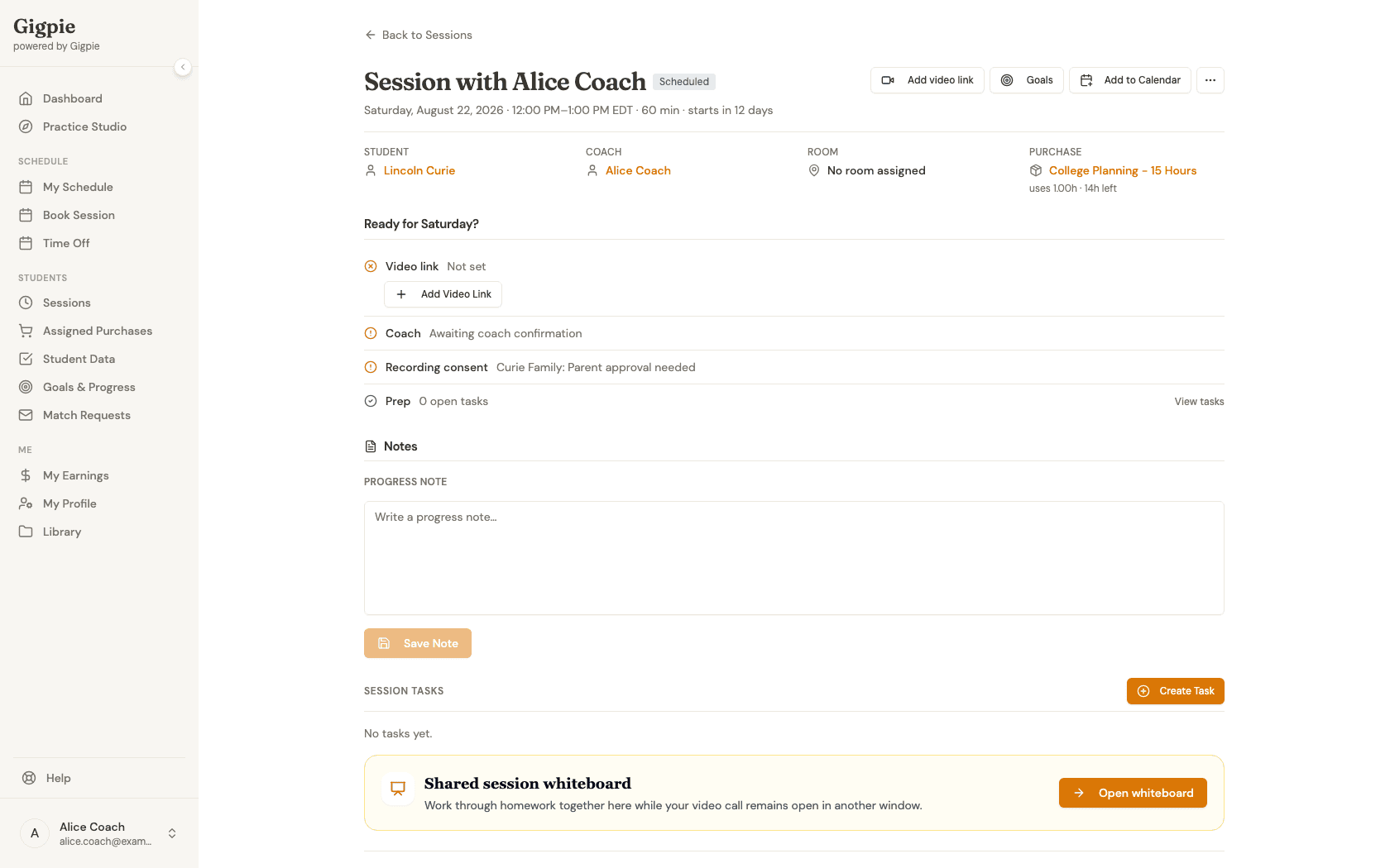 Session detail page showing Video link: Not set with an Add Video Link button