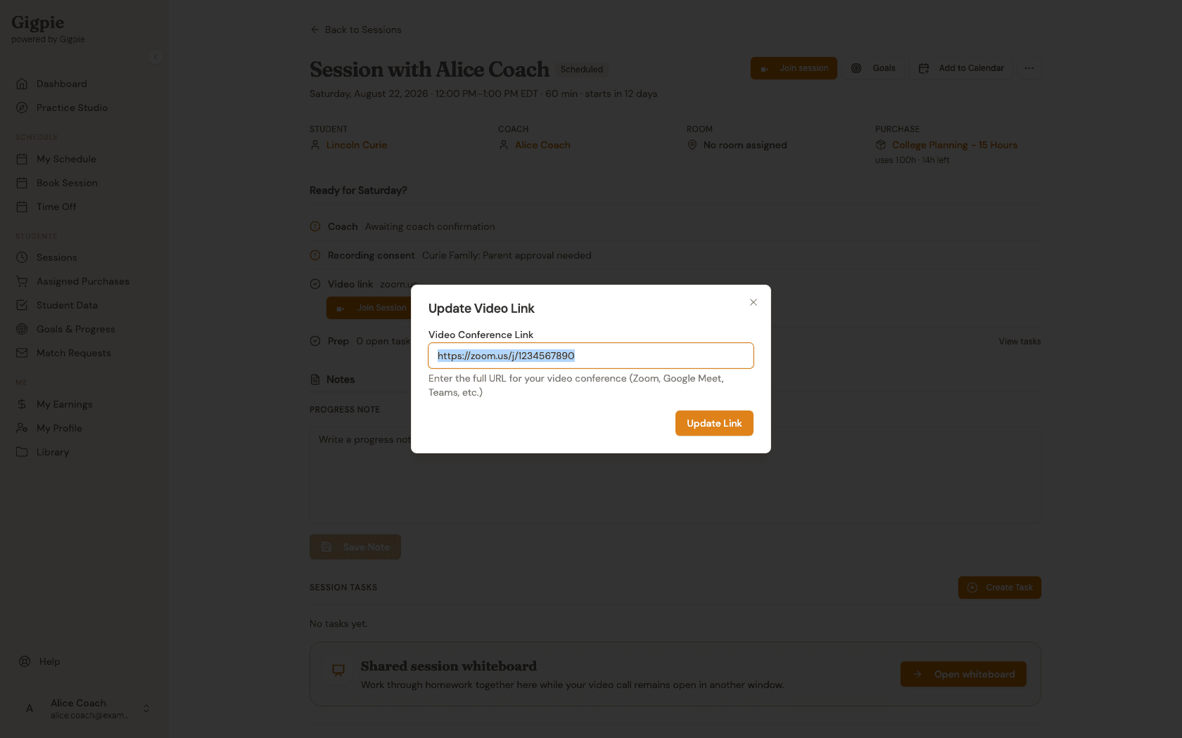 Update Video Link dialog pre-filled with an existing Zoom link, next to Join Session, Edit, and Remove controls