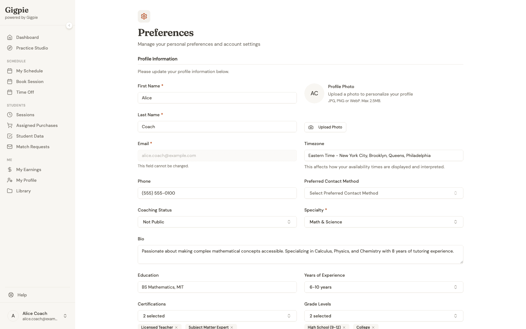 Preferences page showing Profile Information