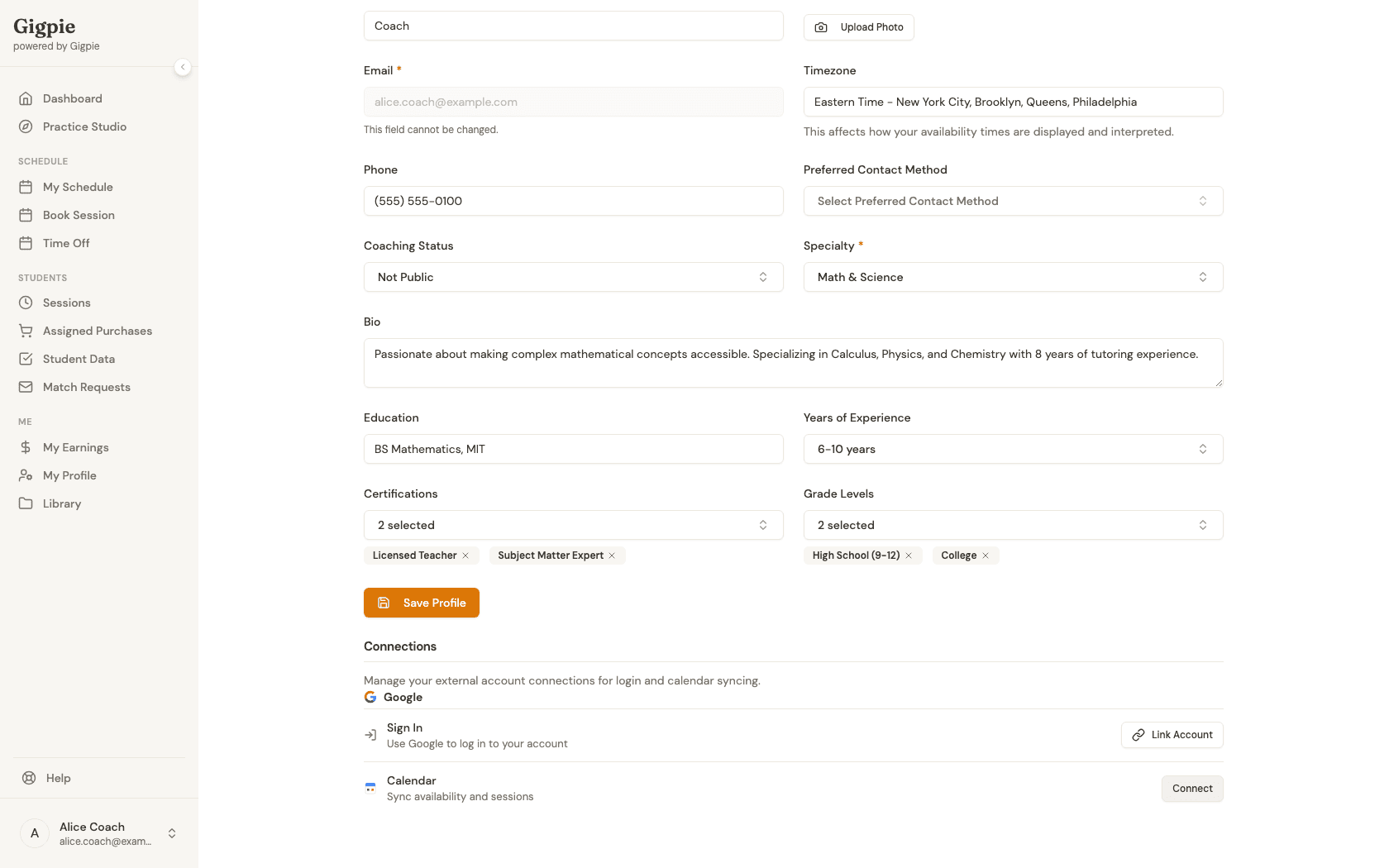 Connect button next to Google Calendar in the Connections section