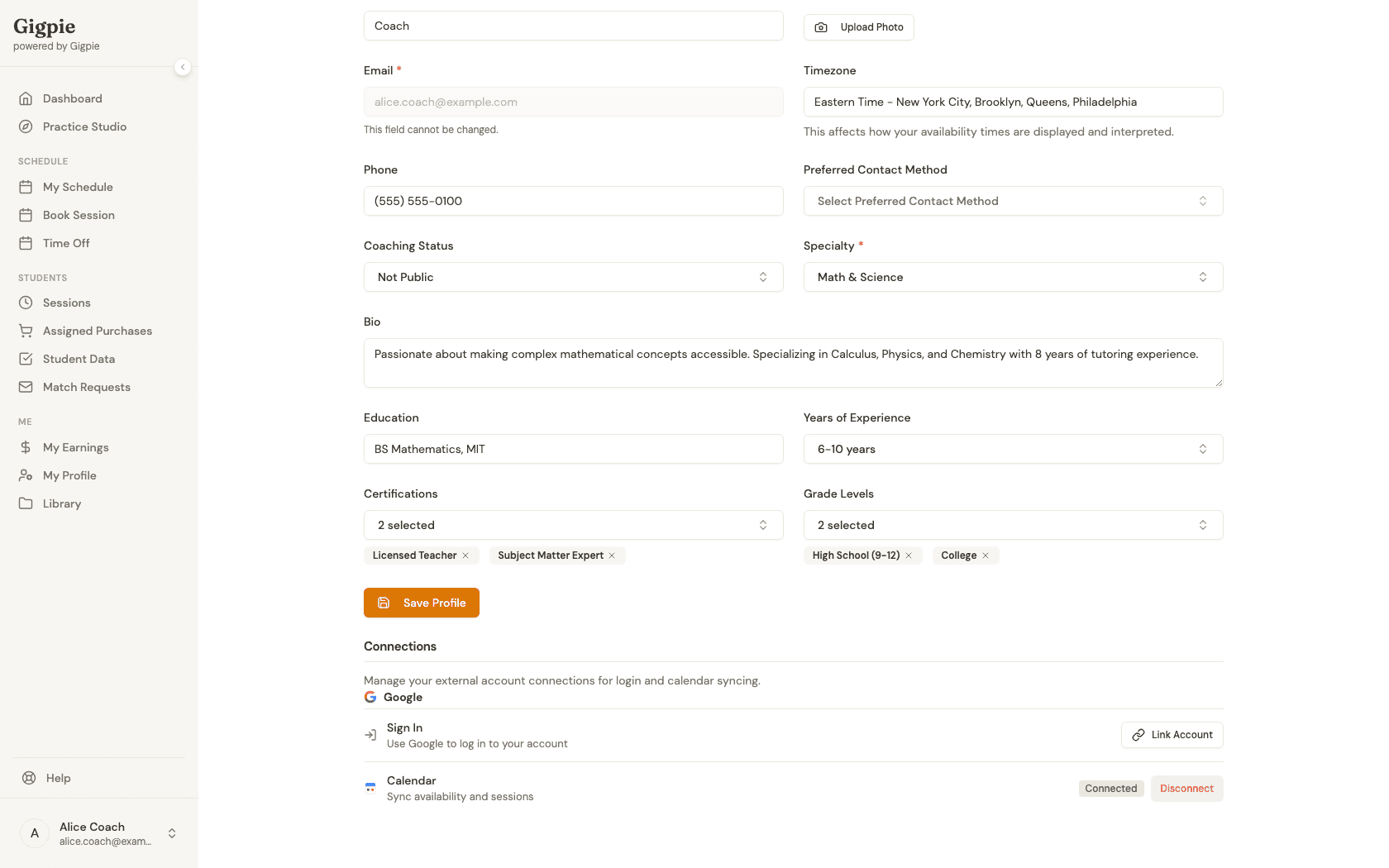 Connections section showing Google Calendar as Connected with a Disconnect option