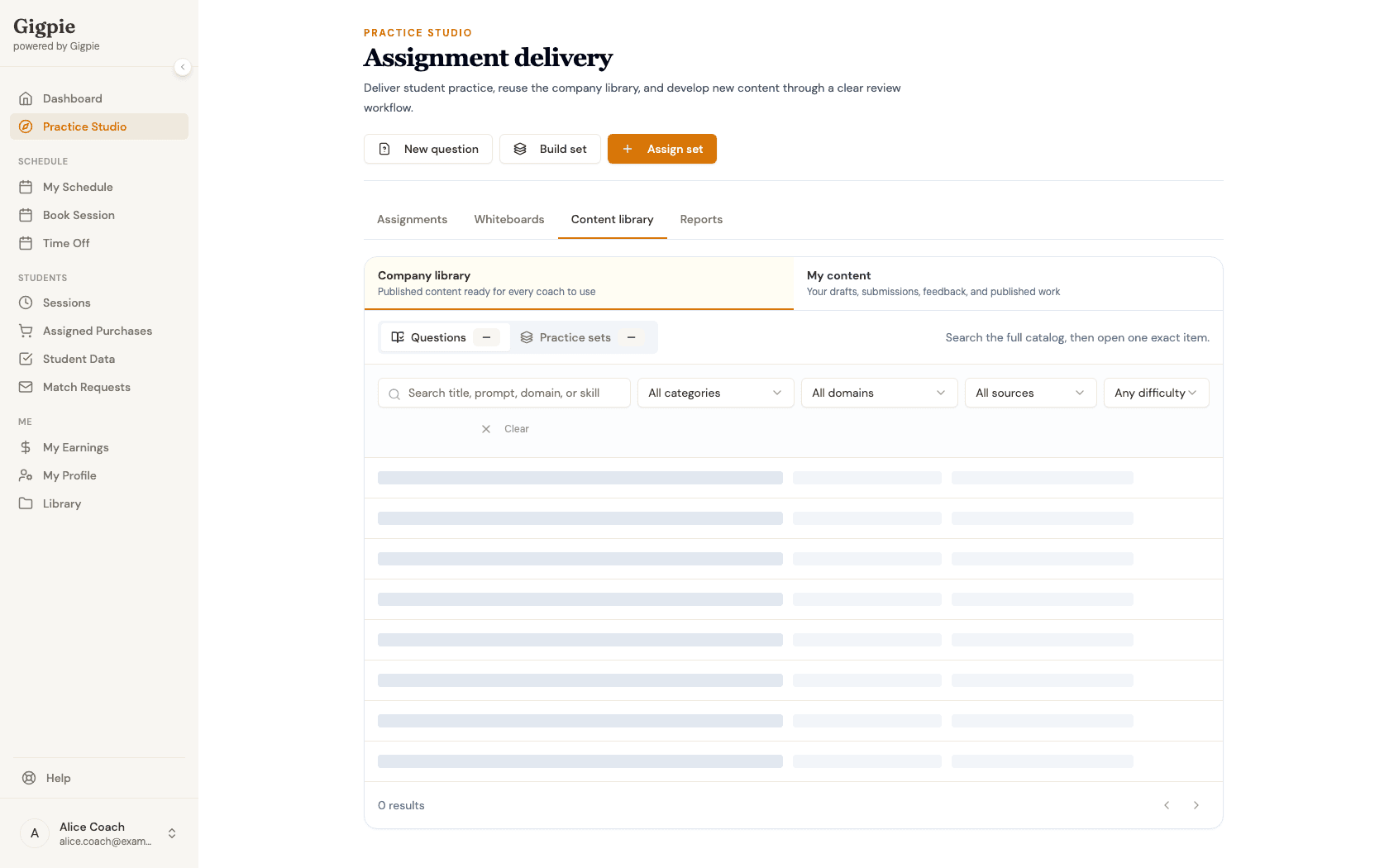 Content library tab showing the published Company library with questions and practice sets