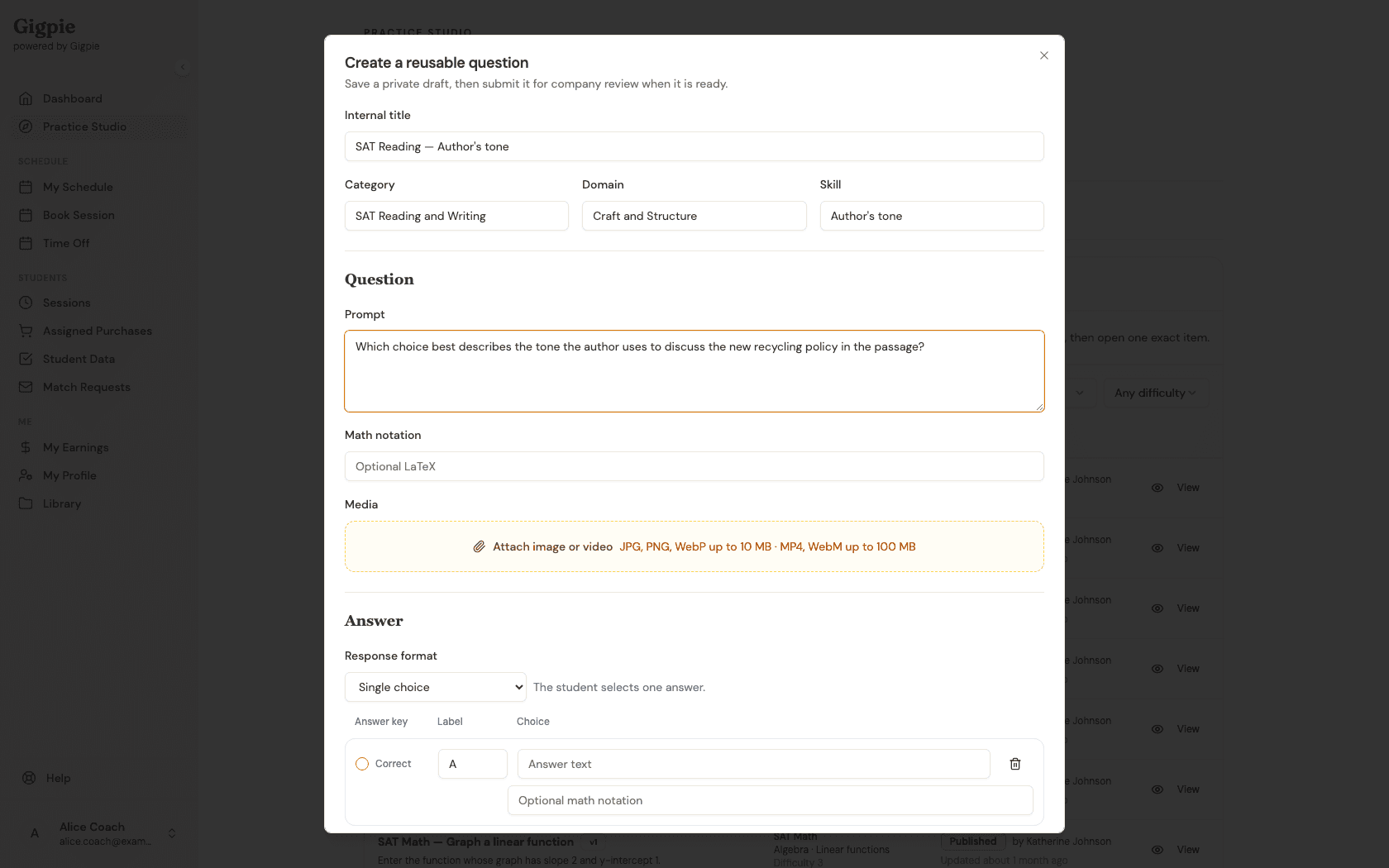 New question authoring modal filled in with a title, category, domain, skill, prompt, and answer key, noting it saves as a private draft
