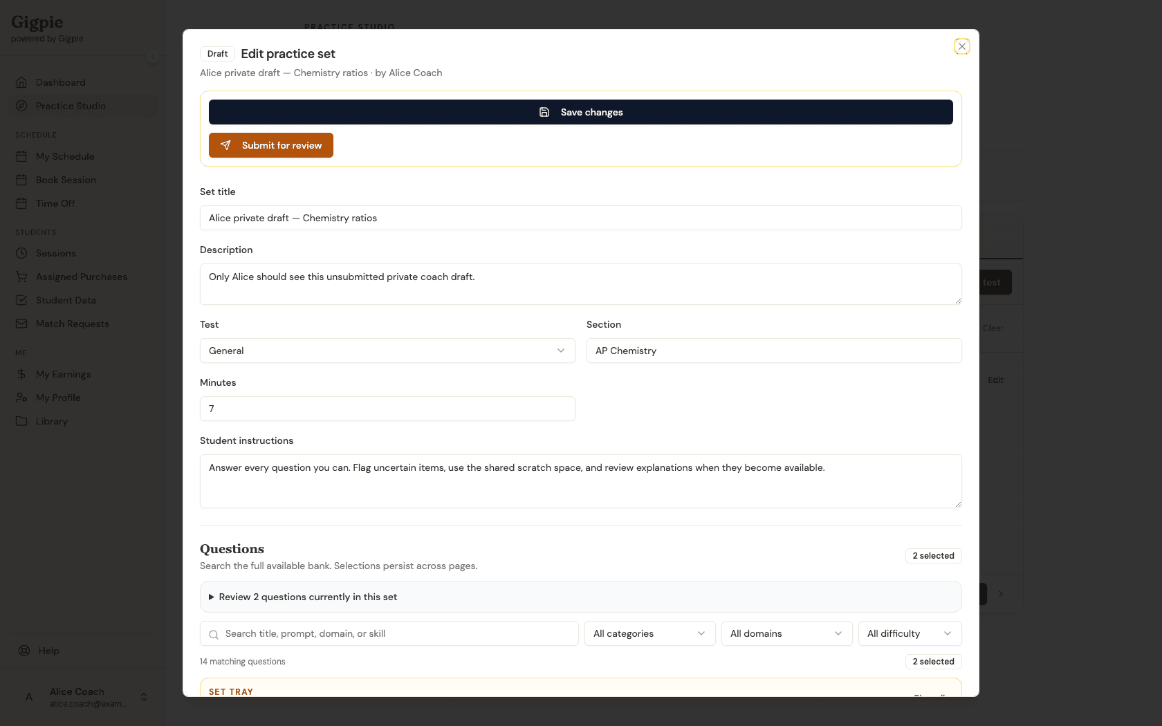 Edit practice set dialog for a coach's private draft set, with the question picker and a Submit for review button