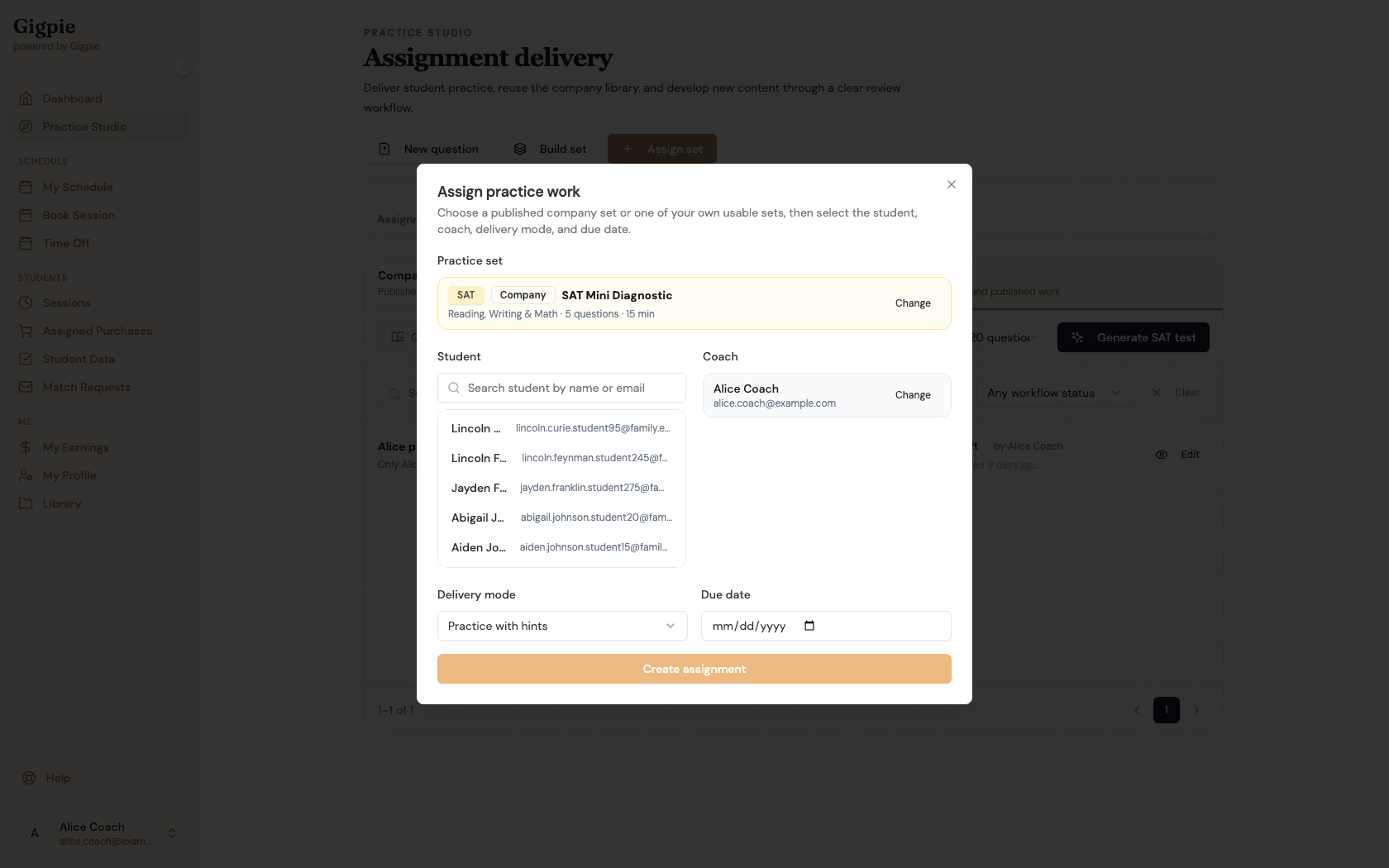 Assign practice work dialog with a practice set selected, ready to pick a student and coach