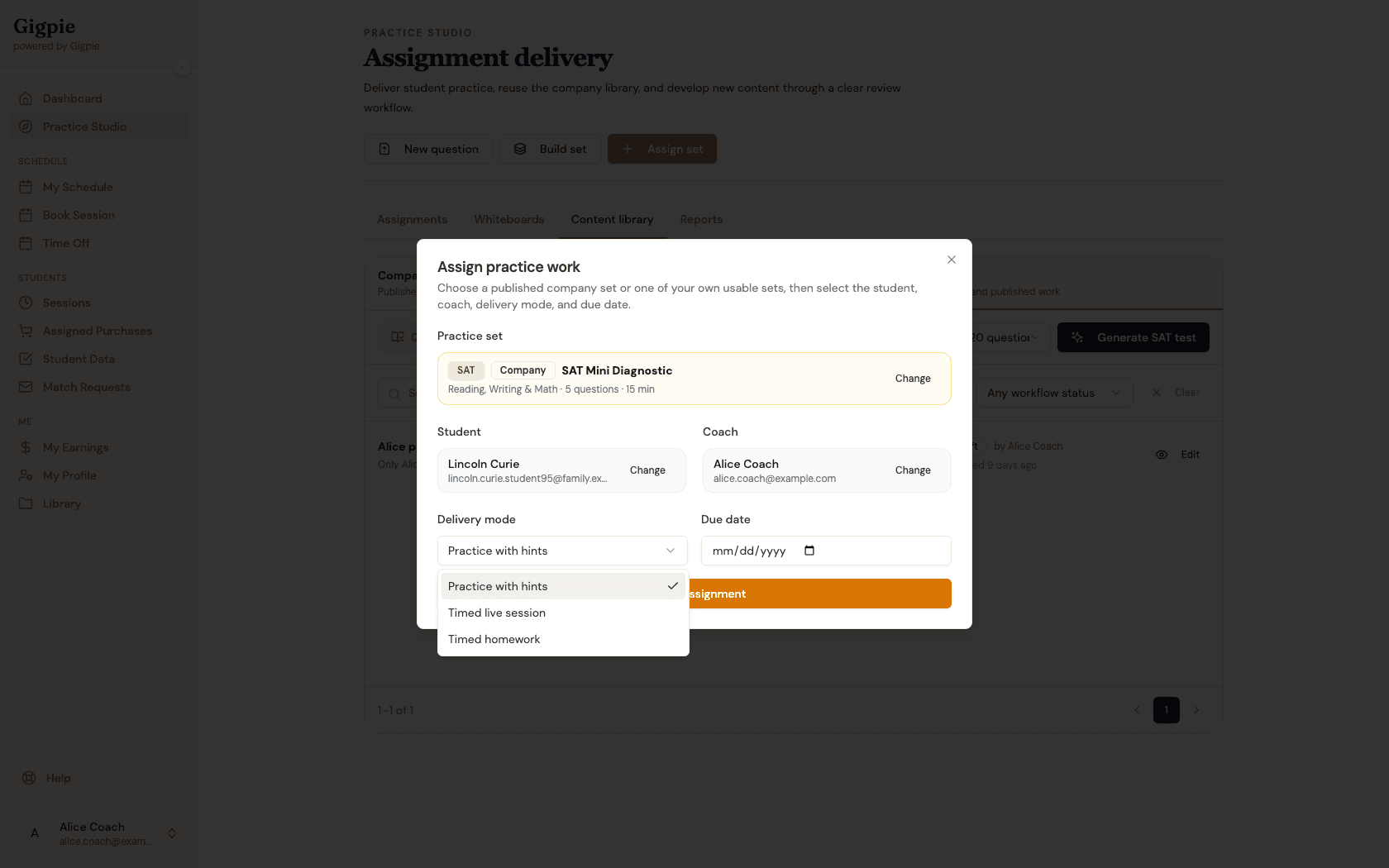 Assign dialog with a student selected and the delivery mode dropdown open, showing Practice with hints, Timed live session, and Timed homework