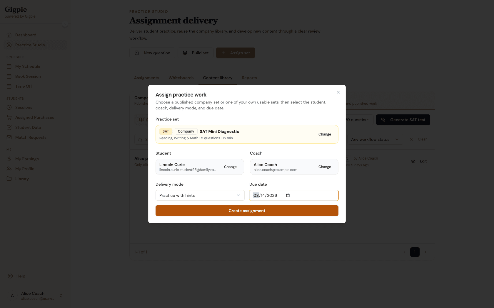 Assign practice work dialog with a due date filled in and the Create assignment button highlighted