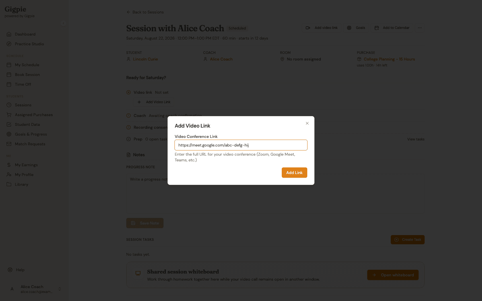 Add Video Link dialog with a sample meeting URL entered
