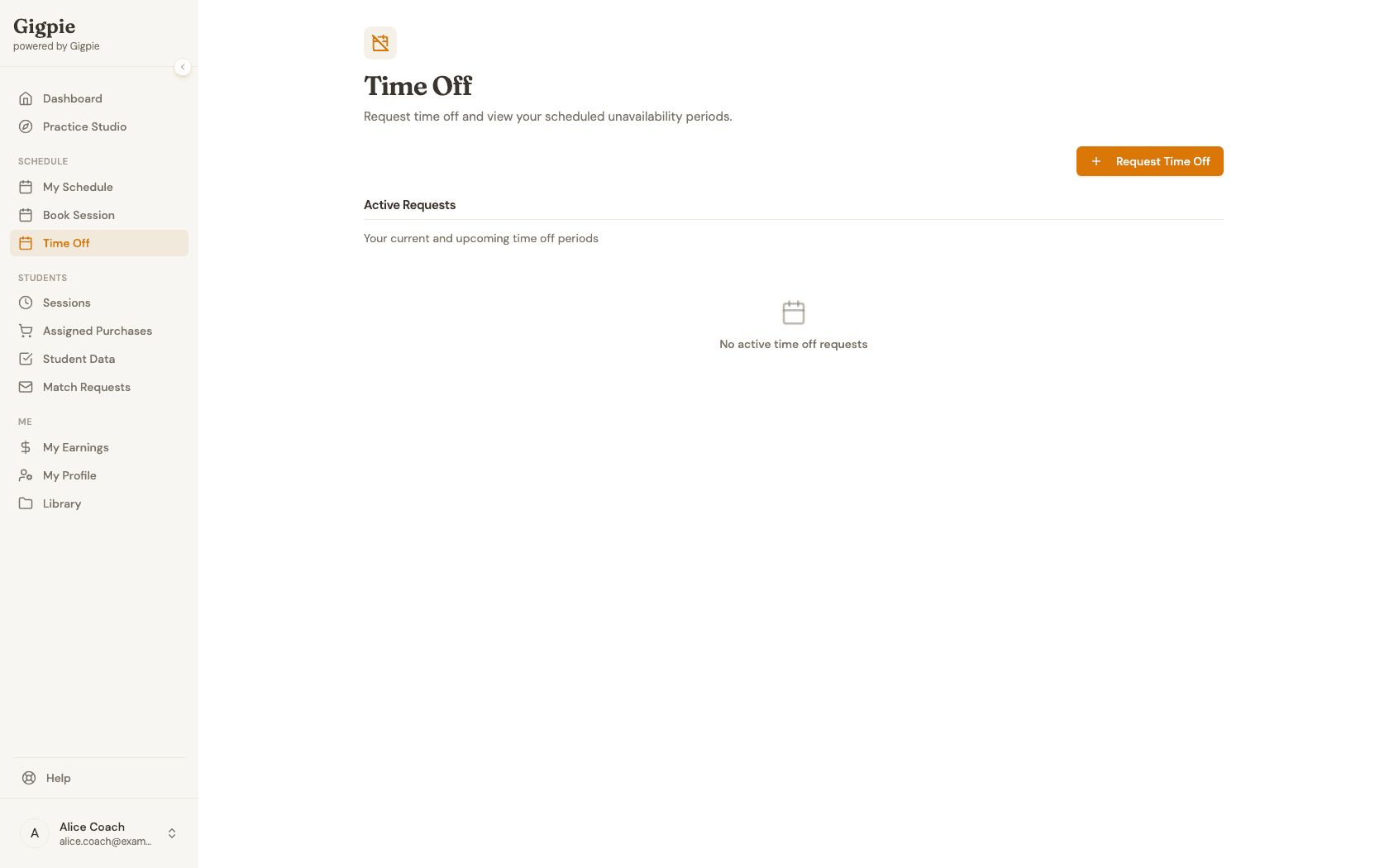 Time Off page showing the Request Time Off button and an empty Active Requests list