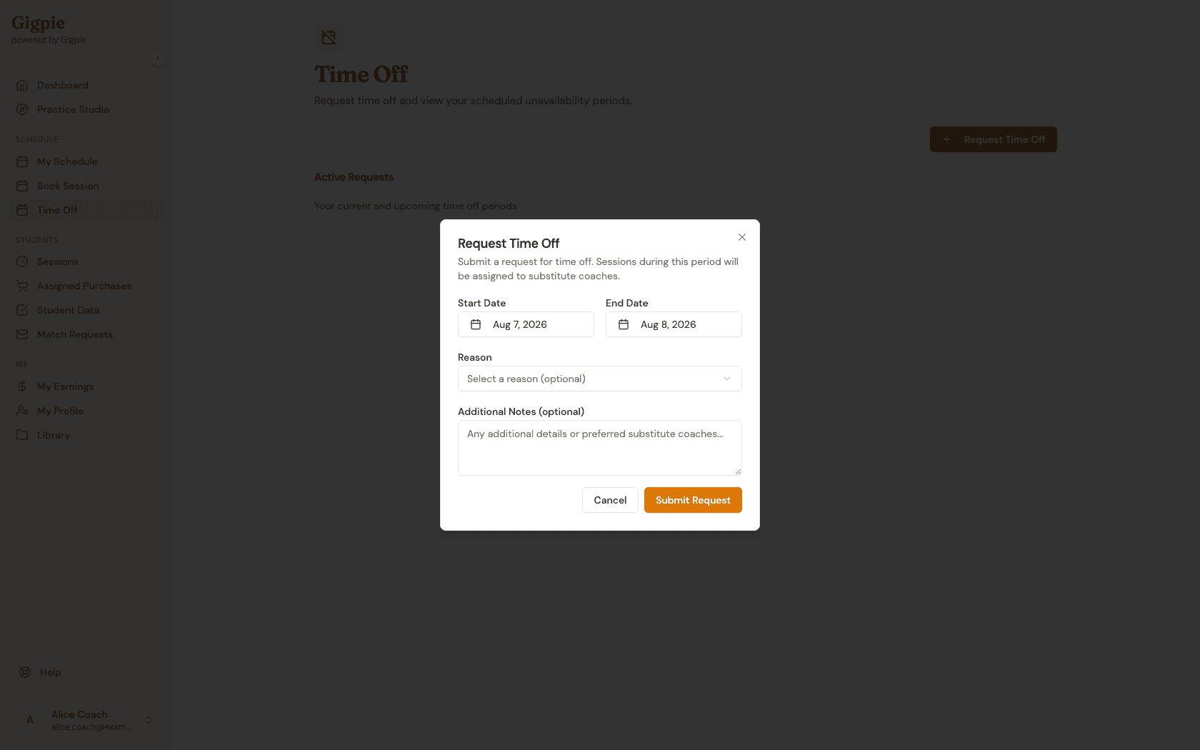 Request Time Off dialog with Start Date, End Date, Reason, and Additional Notes fields