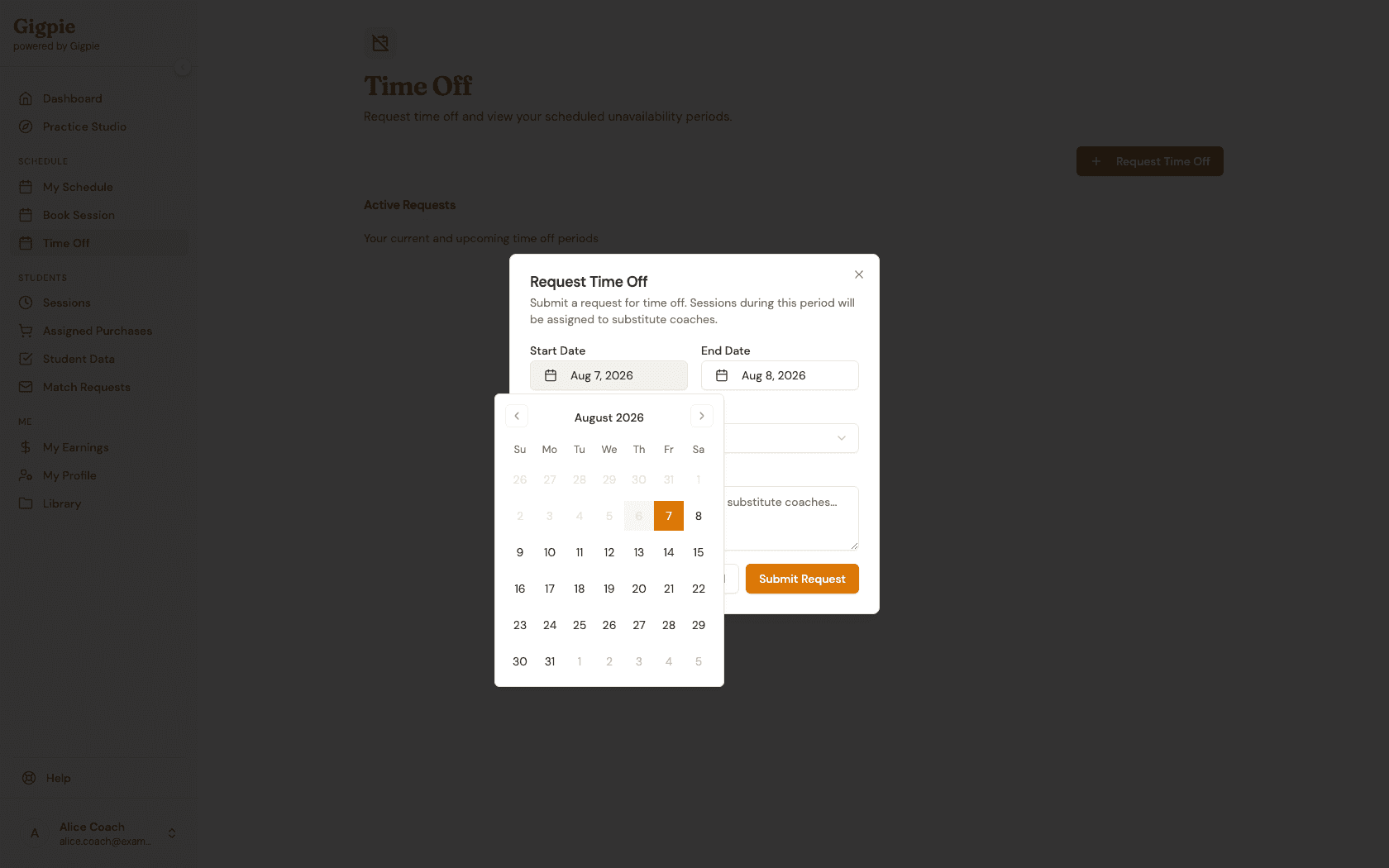Start Date calendar picker open inside the Request Time Off dialog