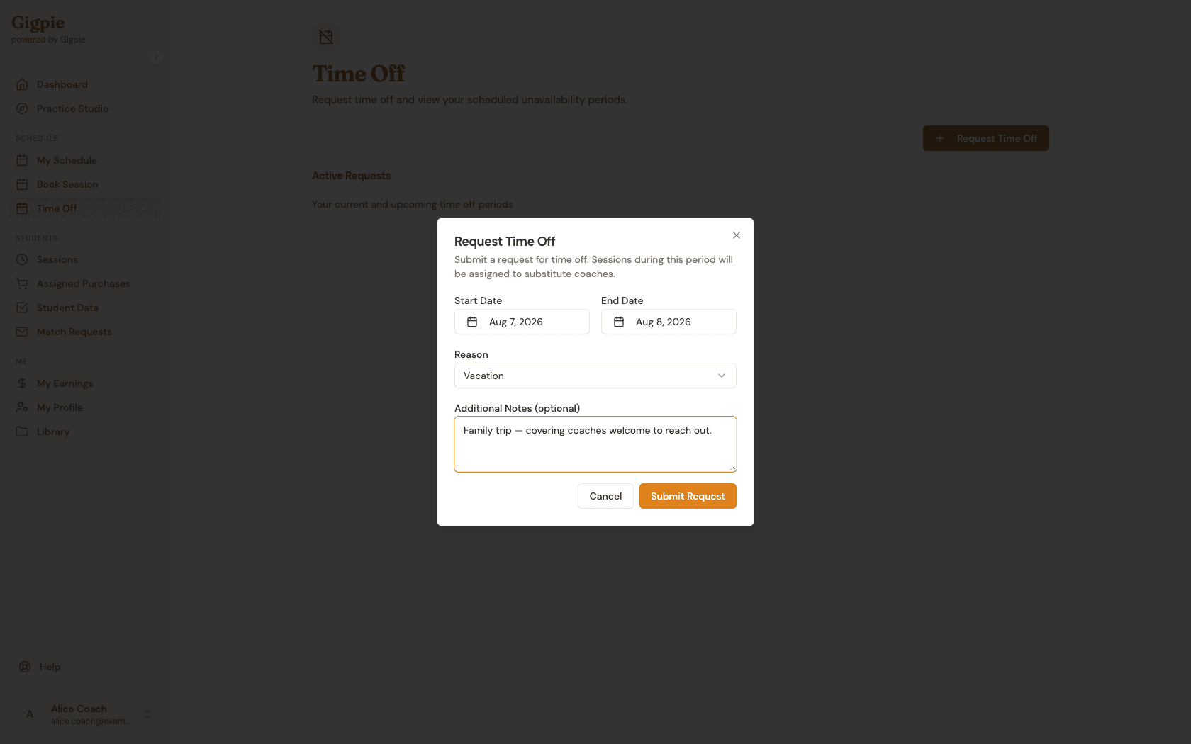 Submit Request button on the completed Request Time Off dialog