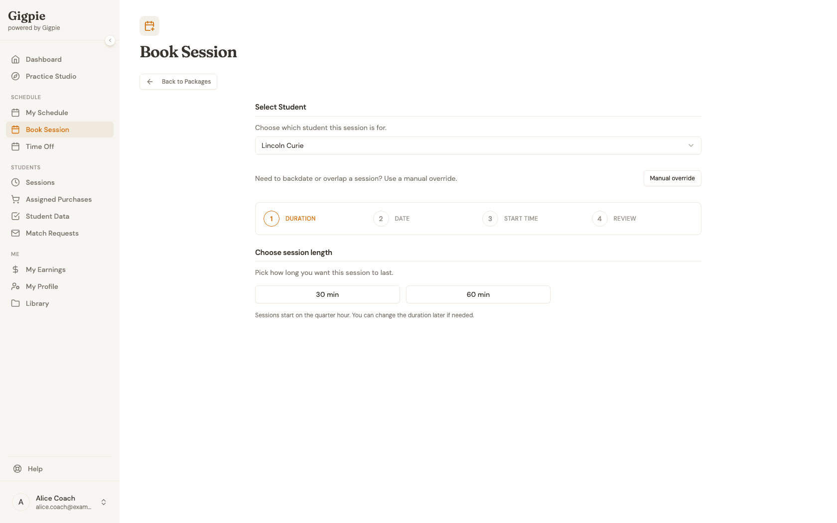Choose session length step with the student and duration options