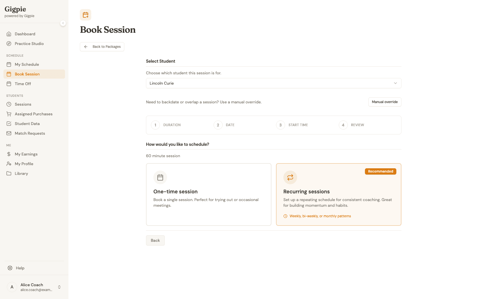How would you like to schedule step with one-time and recurring options