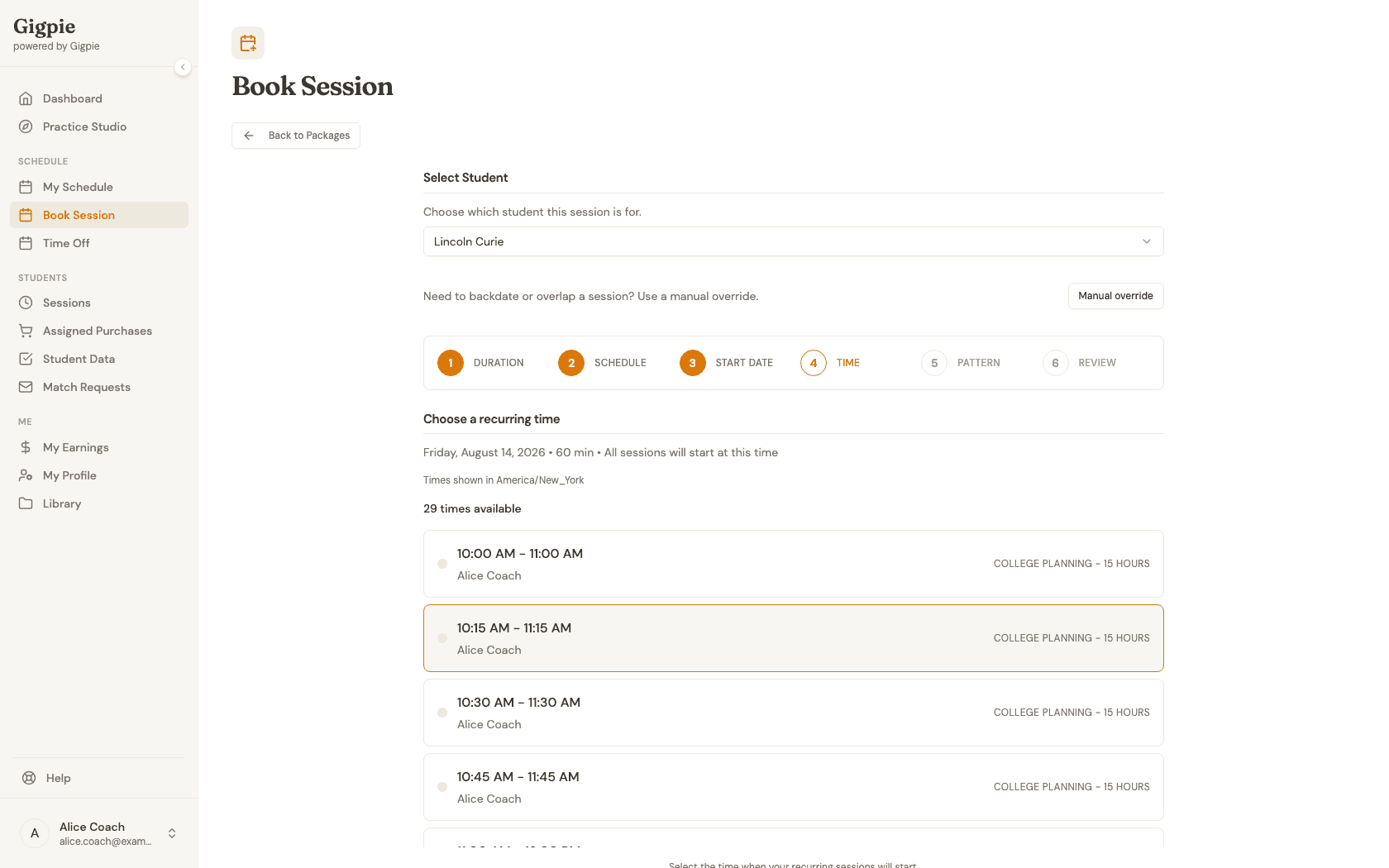 Choose a recurring time step listing available start times