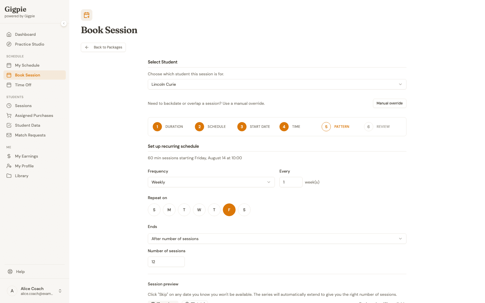 Set up recurring schedule step with frequency, repeat days, and end condition