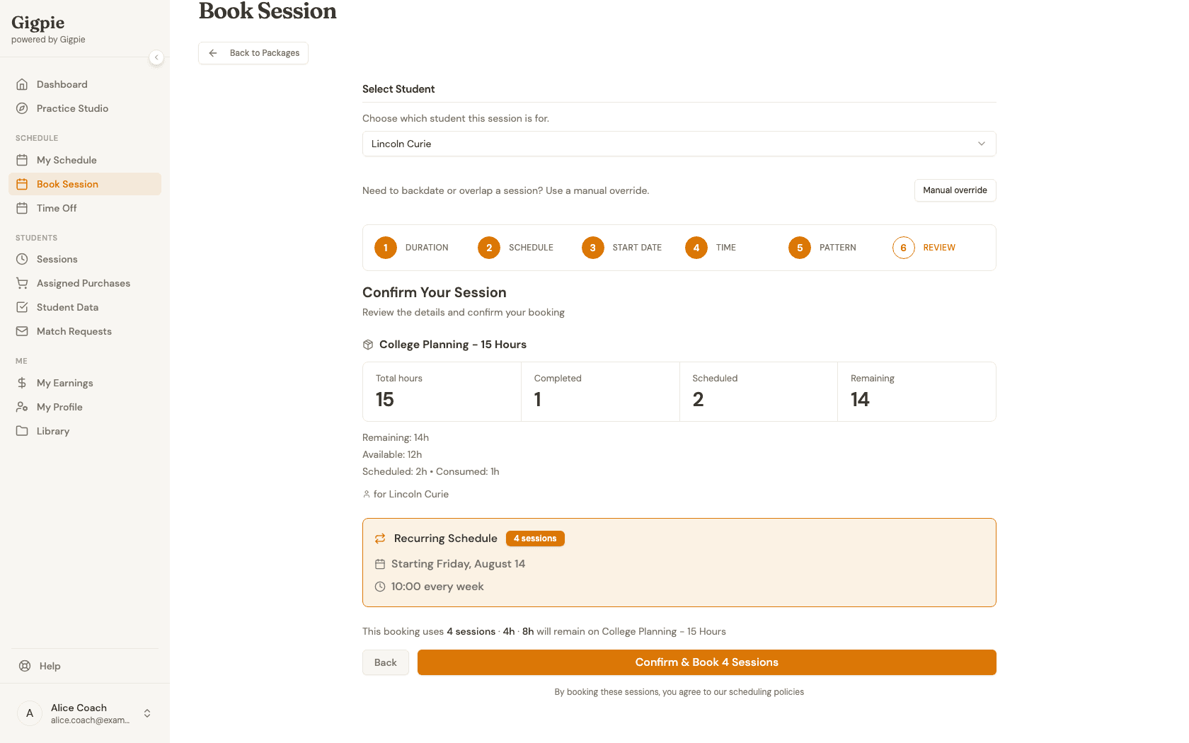 Confirm Your Session review screen with package hours and selected schedule