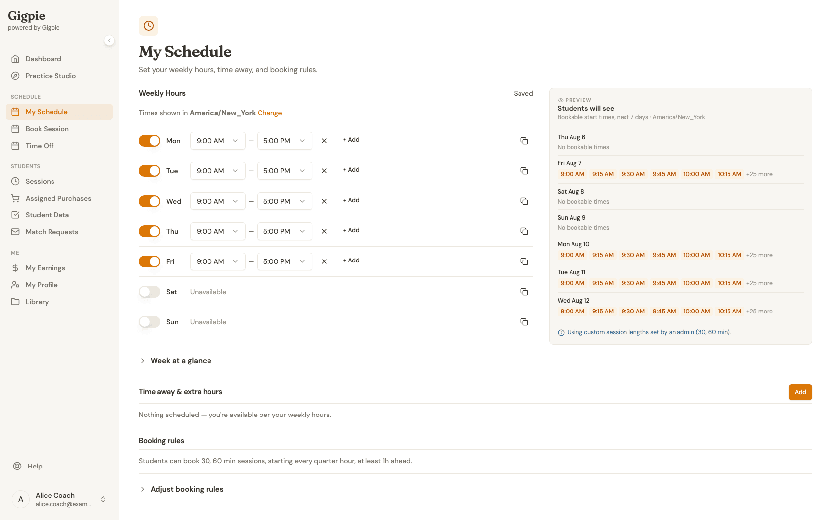 Weekly Hours day-row editor with Monday through Friday enabled 9 AM to 5 PM, next to the students-will-see preview rail