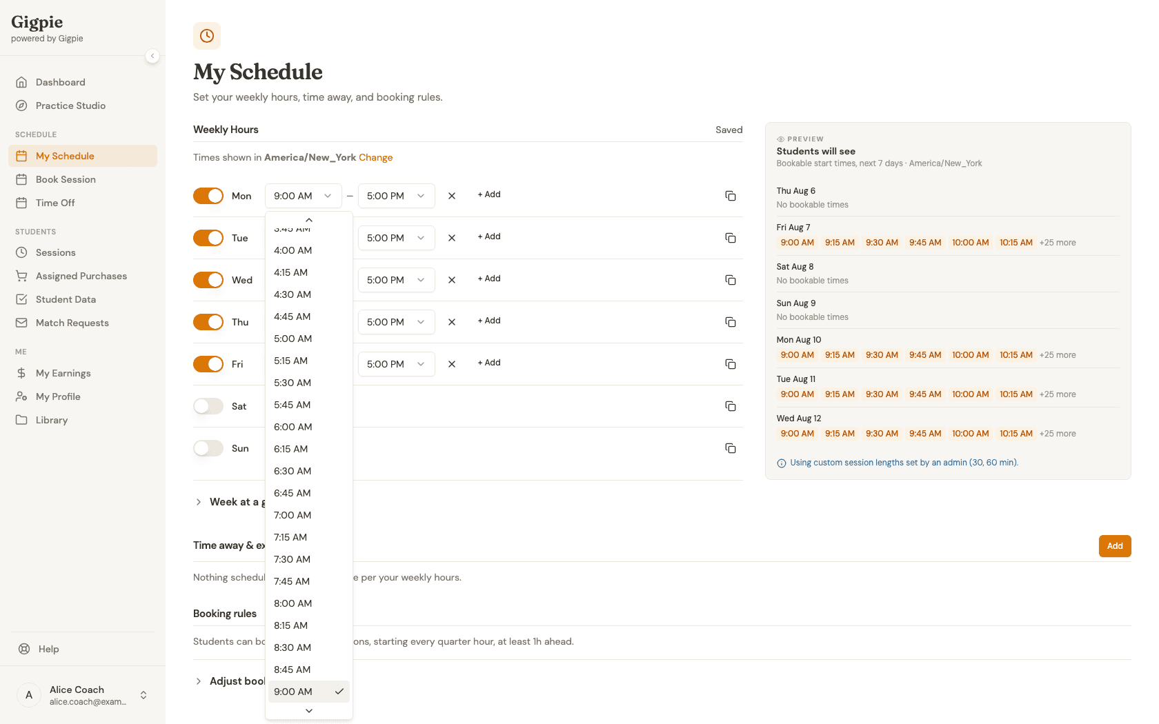 Start-time picker open on Monday's schedule row, showing 15-minute time increments
