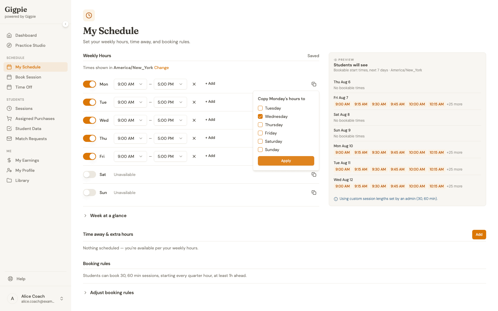 Copy Monday's hours popover with Wednesday checked and the Apply button highlighted