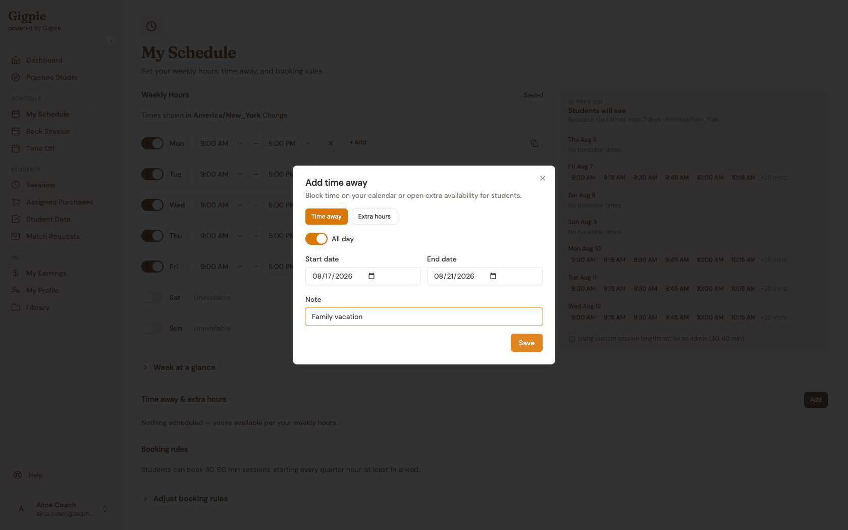 Add time away dialog with a date range and note filled in, next to the Save button