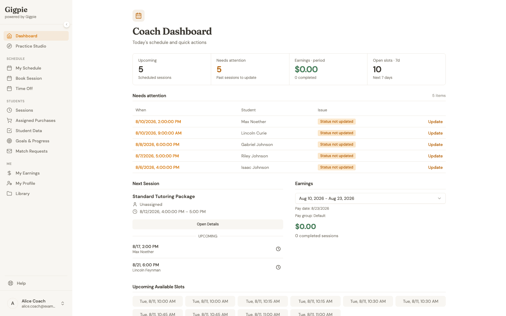 Coach Dashboard showing upcoming sessions and today's schedule