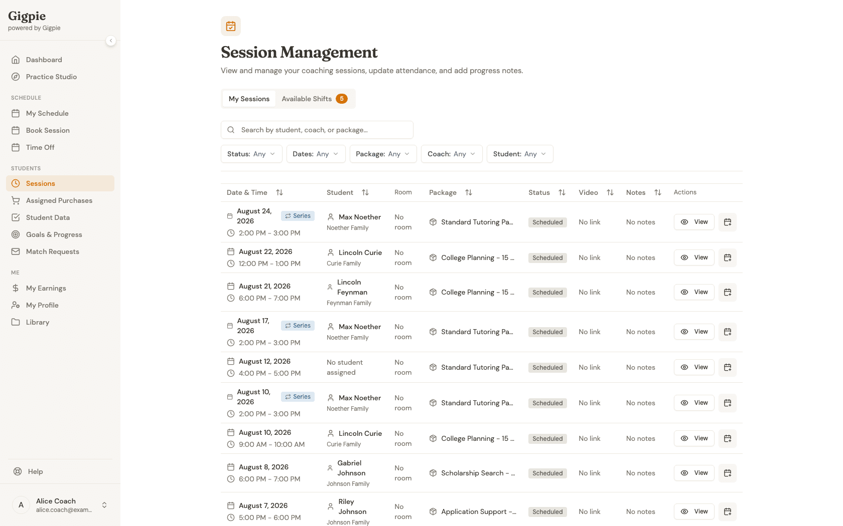 Session Management page listing scheduled sessions
