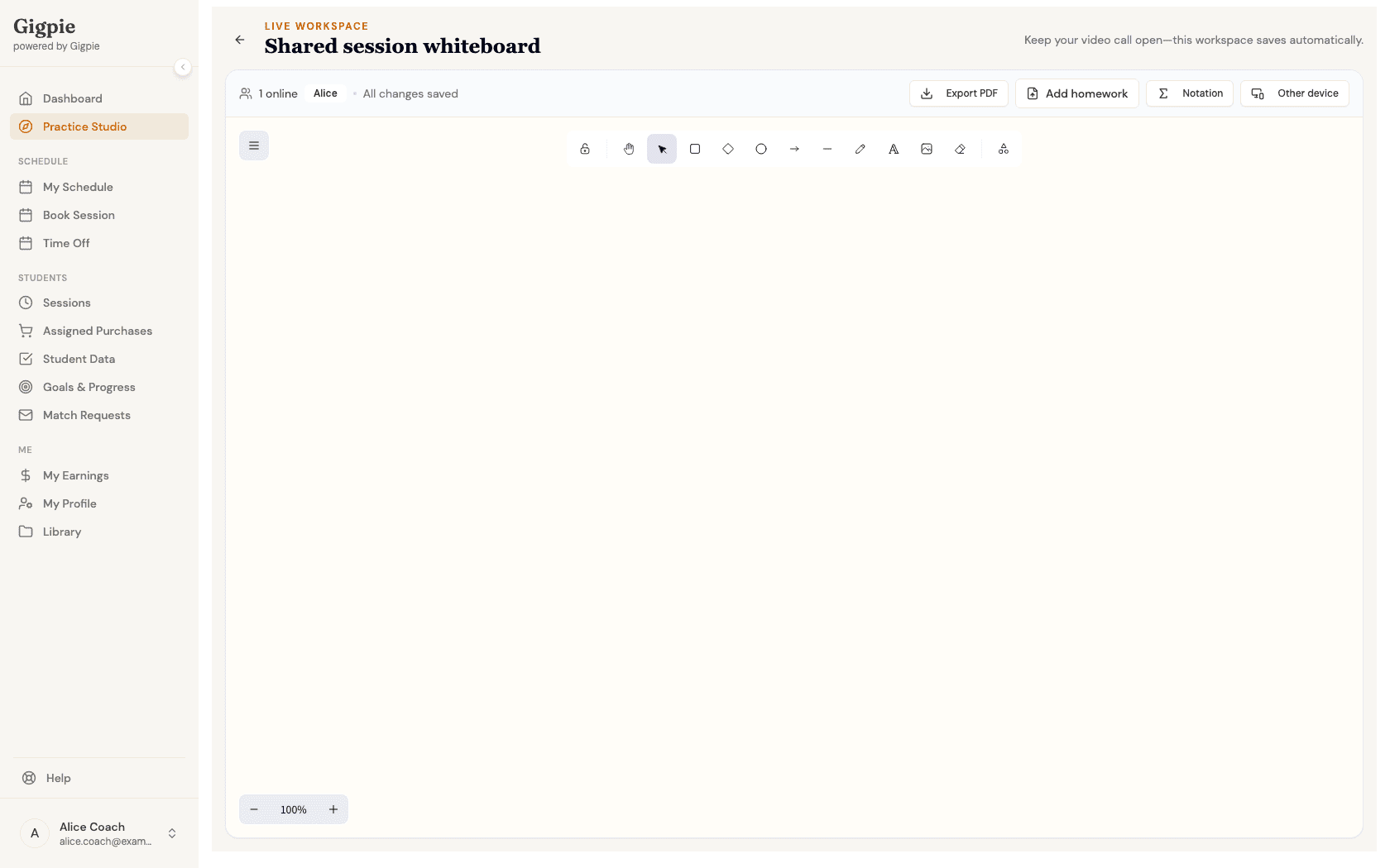 Shared session whiteboard canvas with the drawing toolbar, Export PDF button, and an All changes saved indicator