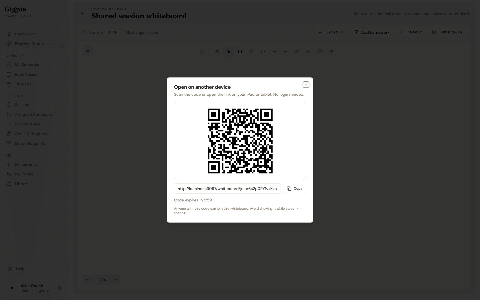 Open on another device dialog with a QR code and a shareable link that expires in a few minutes