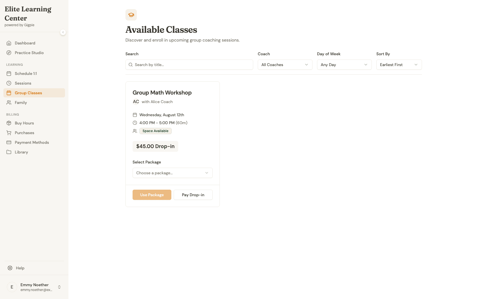 Available Classes page showing a group class card