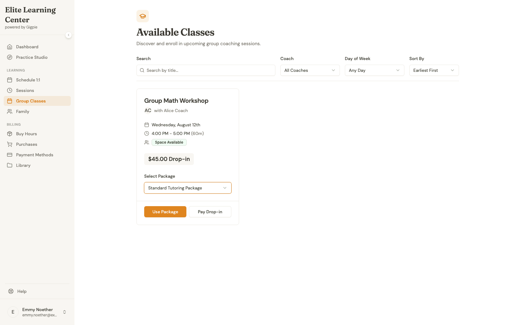 Use Package button on a group class card