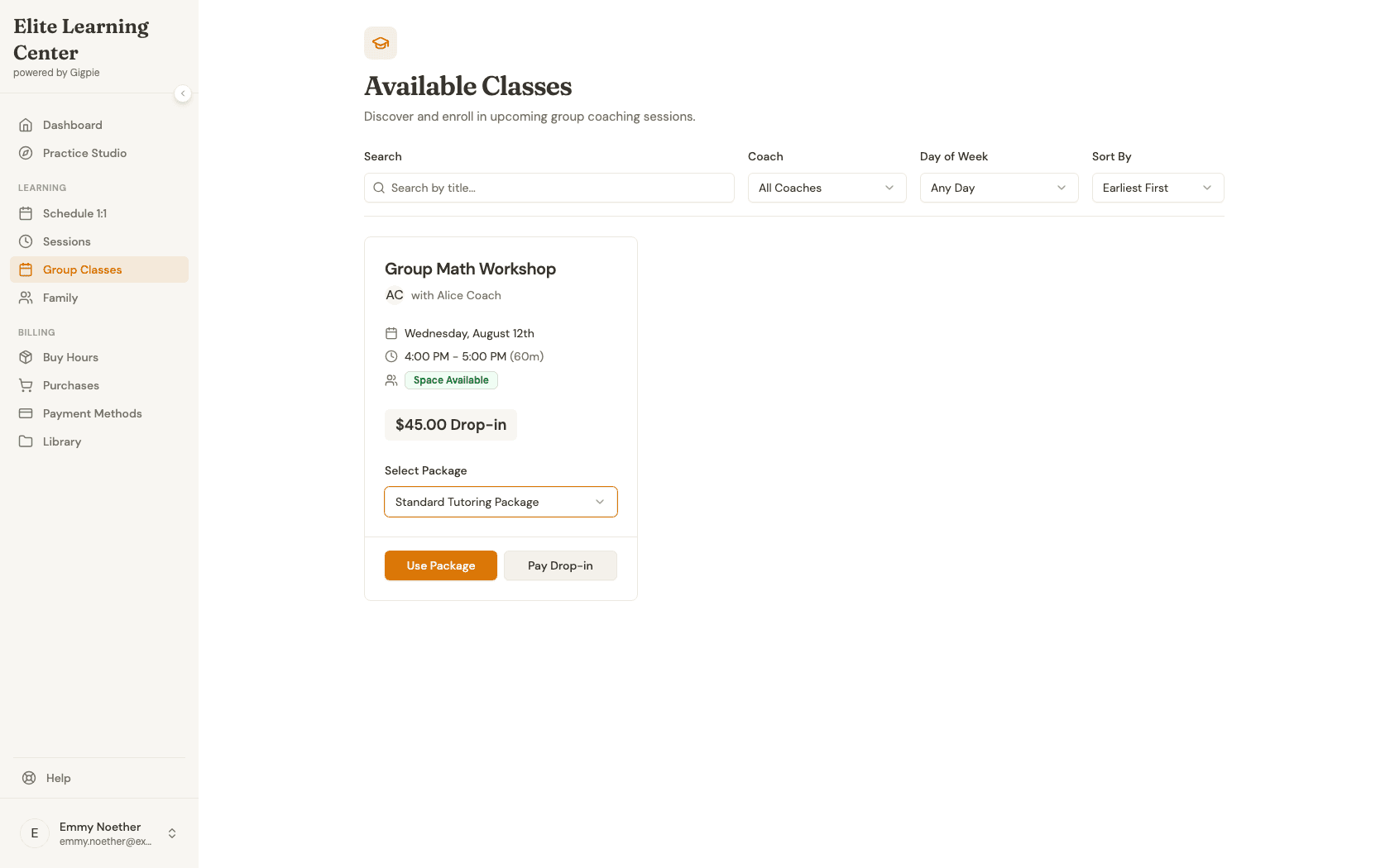 Pay Drop-in button on a group class card