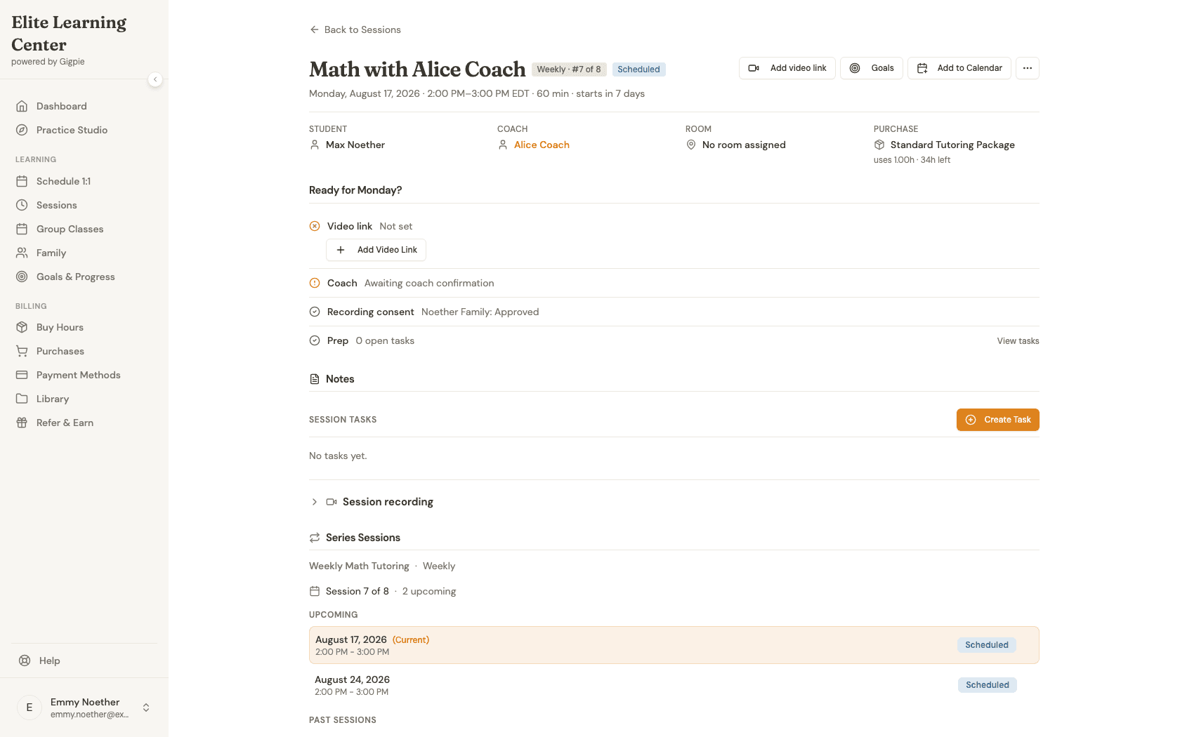 Session detail page for a recurring appointment, showing its place in the series