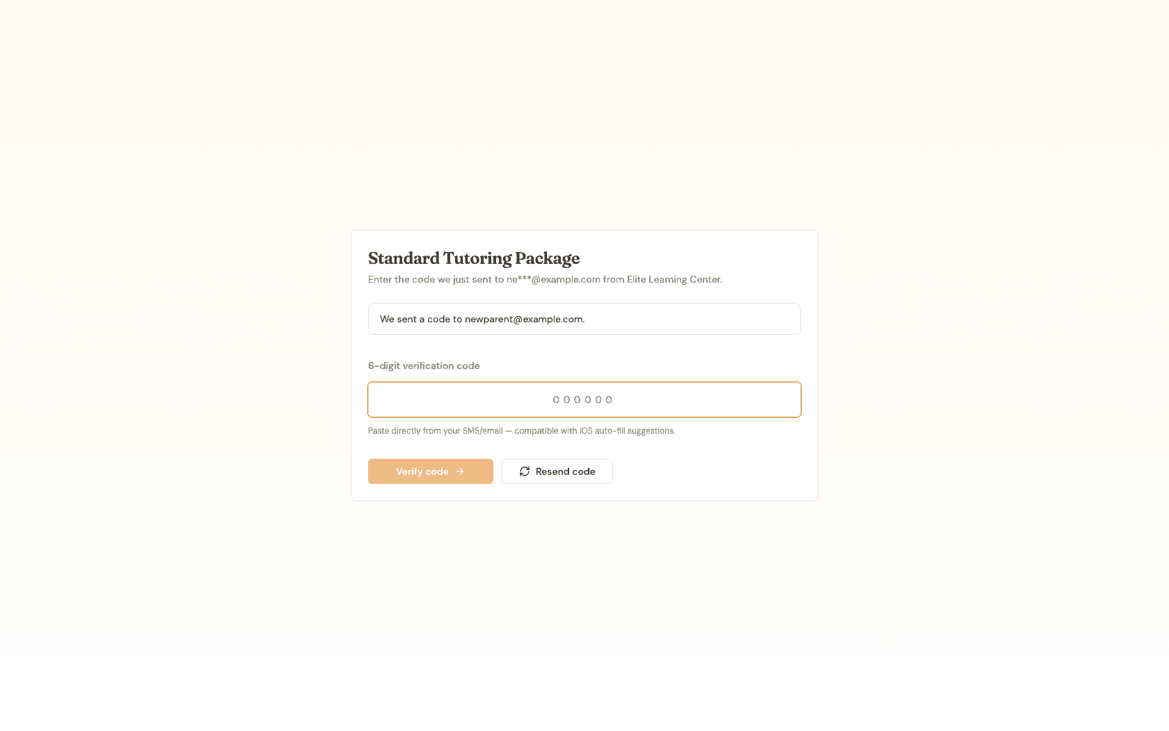 Verification code entry page after requesting a code