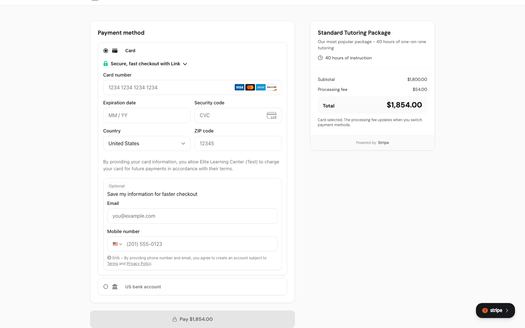 Secure Stripe checkout form with card details and a Pay button