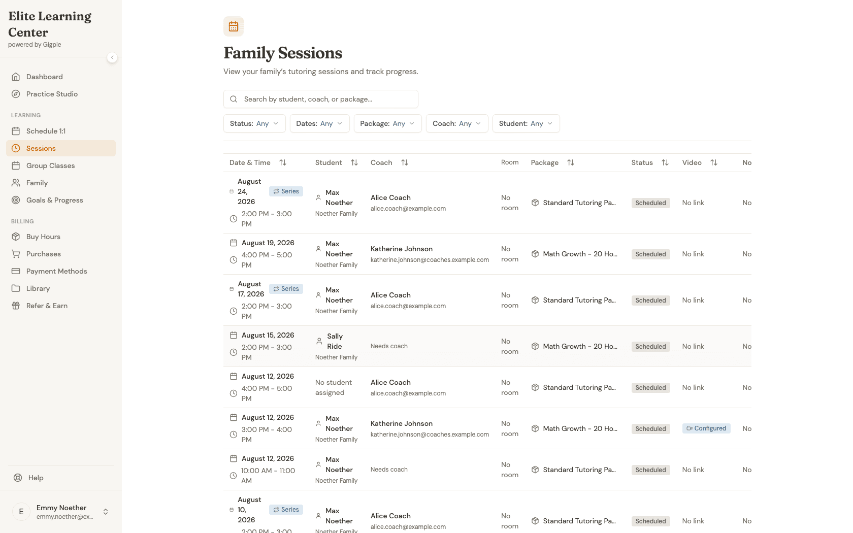 Family Sessions page listing scheduled tutoring sessions