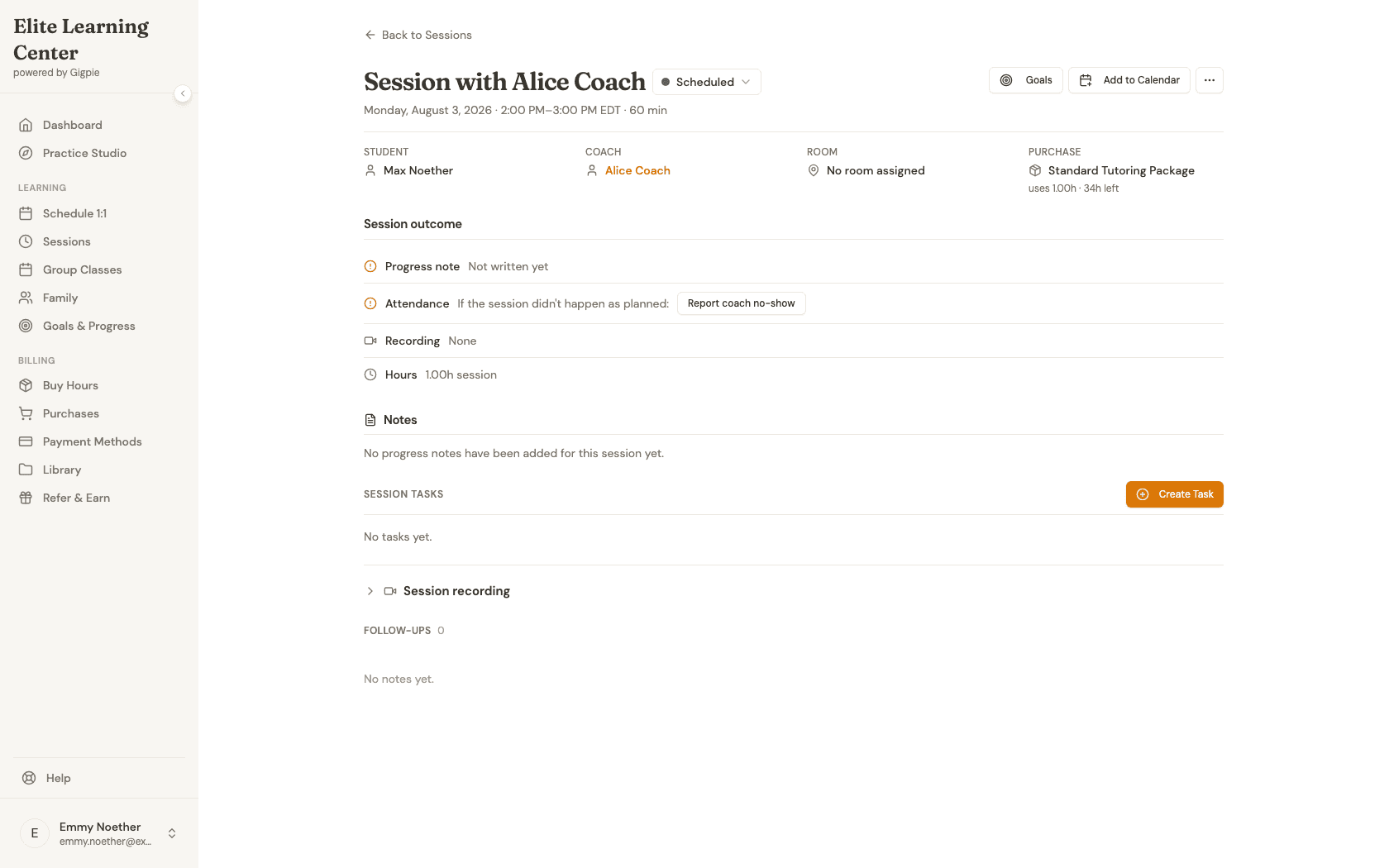 Session detail page showing the Attendance row with a Report coach no-show button